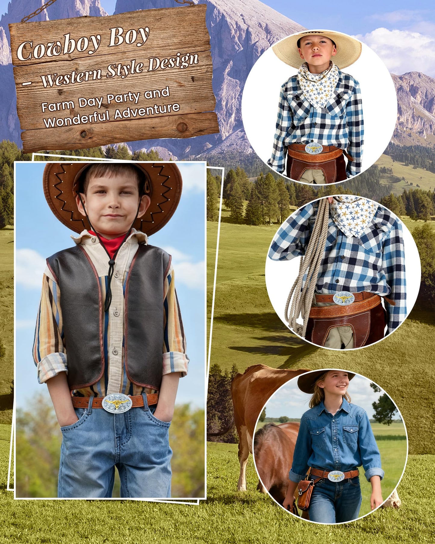 Kajeer Kids Western Belt for Boys Girls, Cowboy Genuine Leather Embossed Western Longhorn Bull Buckle Belts for Jeans (Cow Buckle- brown, for Wasit 21"-26")