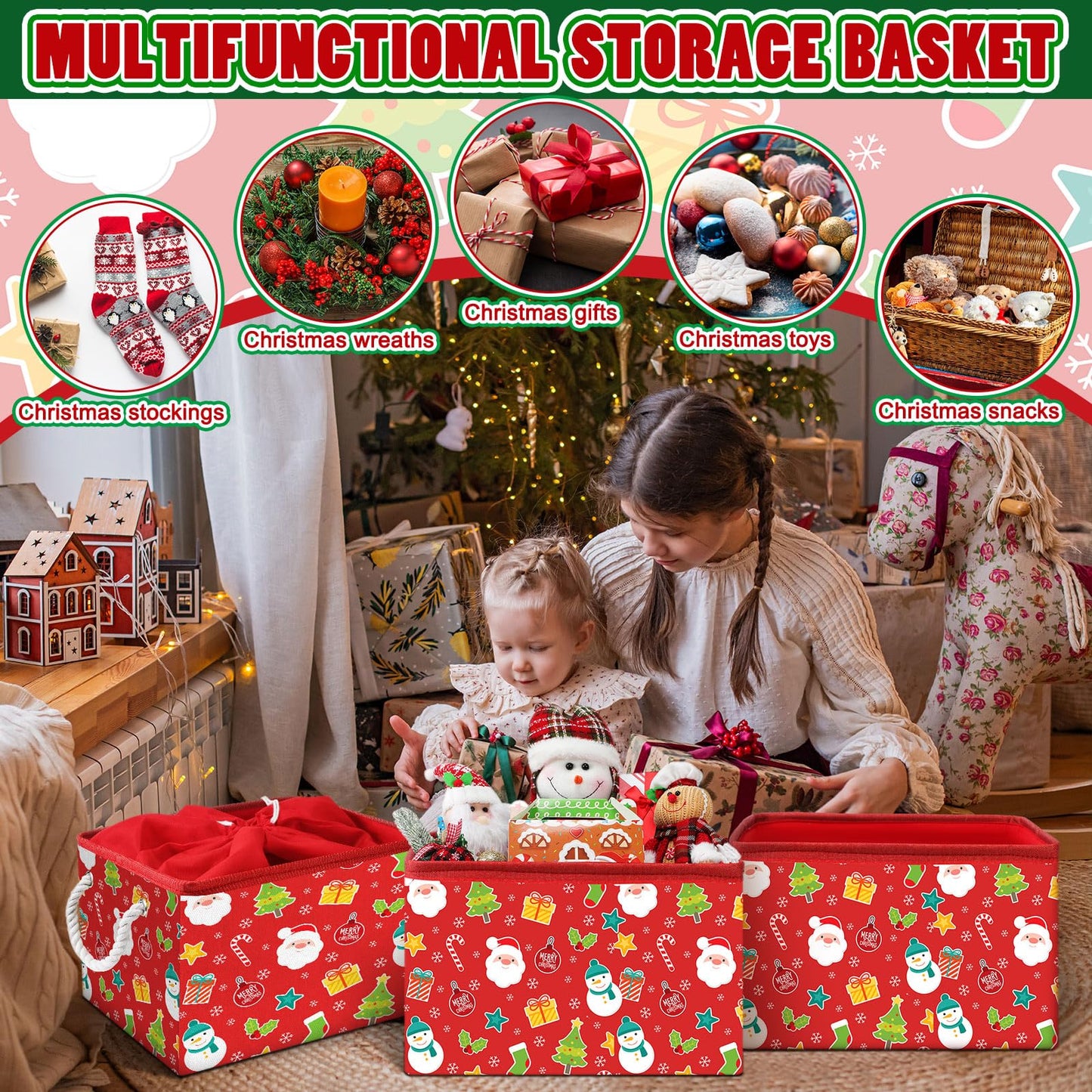 Acellegic 4 Pcs Large Christmas Storage Basket 15 x 10 x 9.5 Inch Foldable Christmas Storage Bins with Handles & Drawstring Lid Xmas Bins Cotton Laundry Organizer for Holiday Bedroom Home(Cheerful)