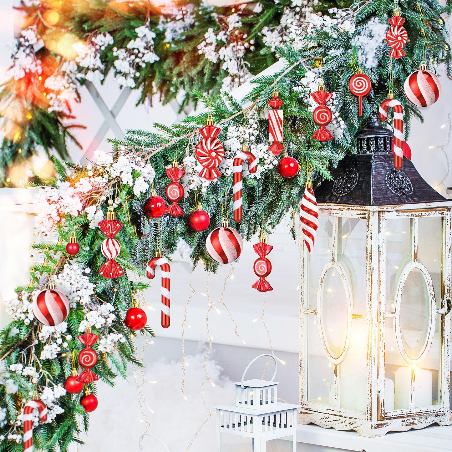 96 Pcs Christmas Tree Ornaments Candy Ball Ornaments Bulk Red and White Hanging Glitter Candy Cane Decorations Christmas Tree Peppermint Swirl Lollipop Decorations for Xmas Party Family Decor
