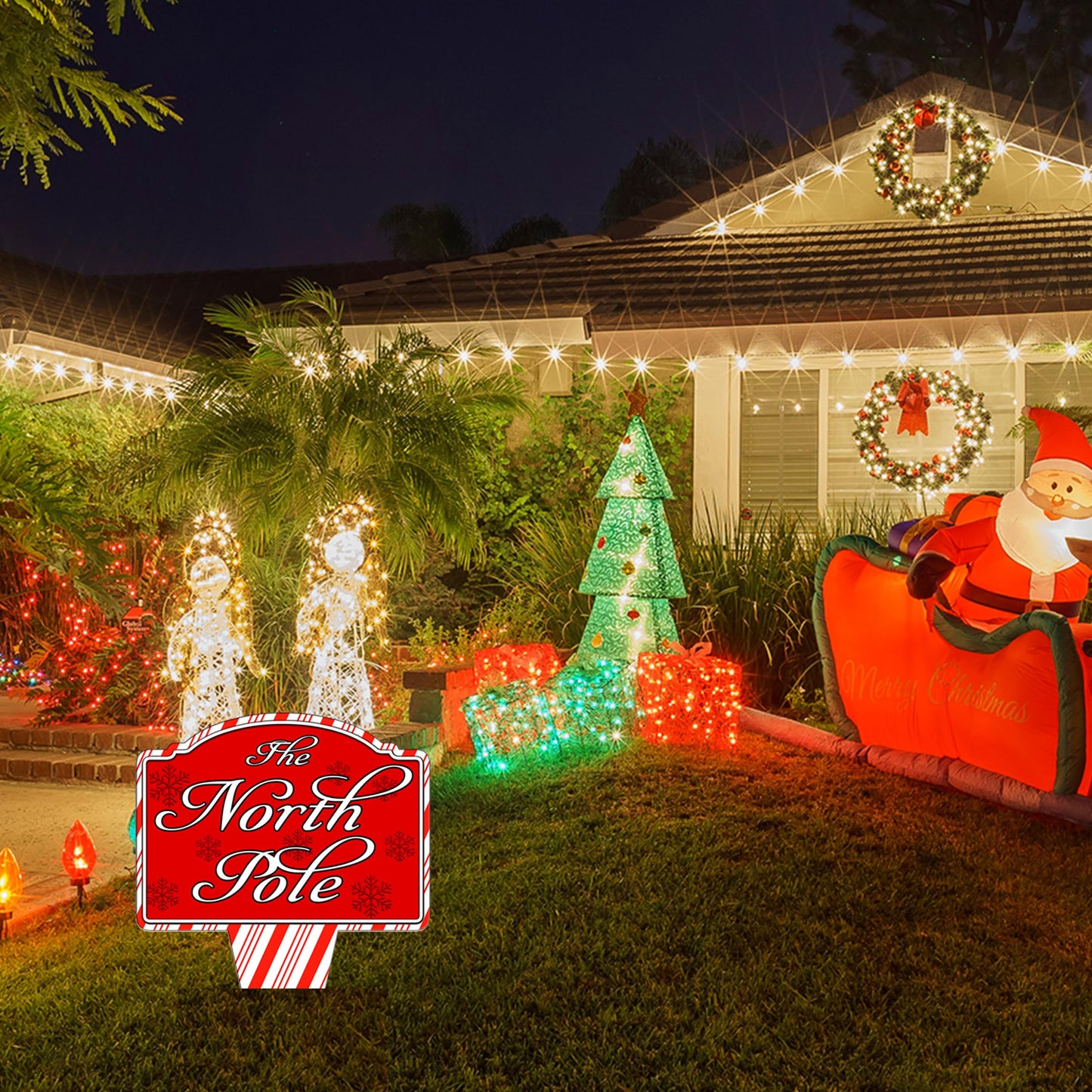 North Pole Santa Home Candy Cane Christmas Holiday Yard Sign For Lawn Grass Home or Business Front Door Durable Metal Built In Stake St. Nicholas Claus Xmas