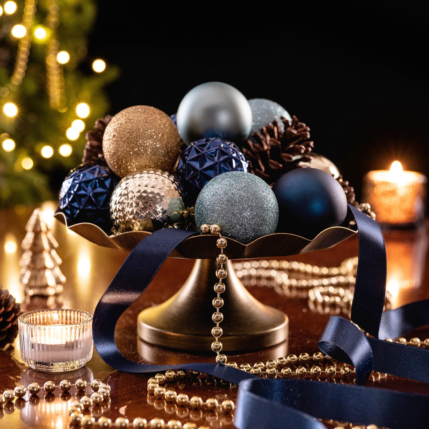Valery Madelyn Christmas Tree Decorations Ornament Set, 50ct 2 Inches Blue and Gold Shatterproof Christmas Ball Ornaments Hanging Xmas Holiday Party Decor