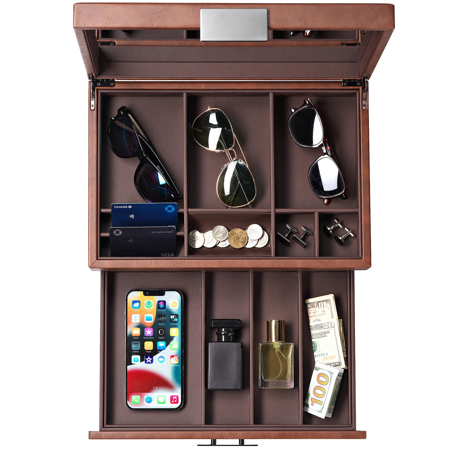 Glenor Co Mens Valet/Dresser Organizer - Luxury 12 Slot Jewelry Accessories Box, Carbon Fiber Design, Drawer Tray, Metal Buckle & Large Mirror for Men’s Watches, Sunglasses, Wallet - Pu Leather Brown