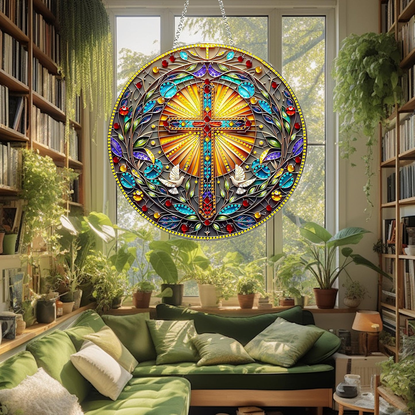 DIY Acrylic Diamond Art Painting Wreath Kits Special Shaped Rhinestone 5D Diamond Art Window Pendants Home Garden Wall Hanging Kits Hanging Ornament (Cross-1)