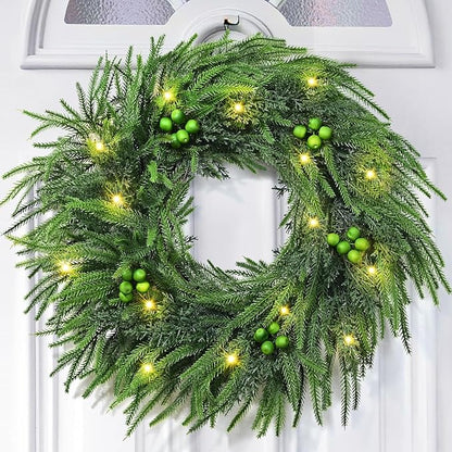 24 Inch Christmas Wreaths for Front Door, Real Touch Norfolk Pine Wreath Large Christmas Wreath with Lights, Winter Wreaths Christmas for Outdoor Indoor Windows Xmas Decor