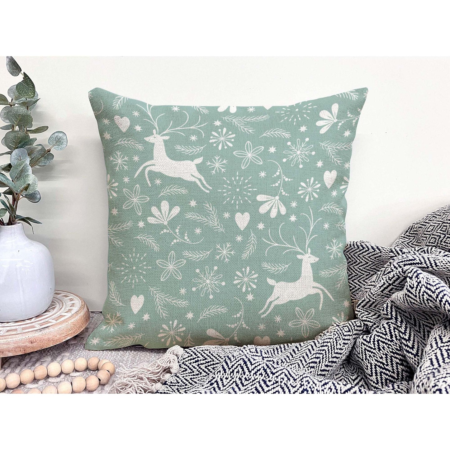 Jiaopenyou Throw Pillow Cover 20x20 Inch,Happy Christmas Tree Antlers Winter Snowflakes Throw Pillow Case,Home Decor Cushion Covers for Sofa Living Room Couch Bed