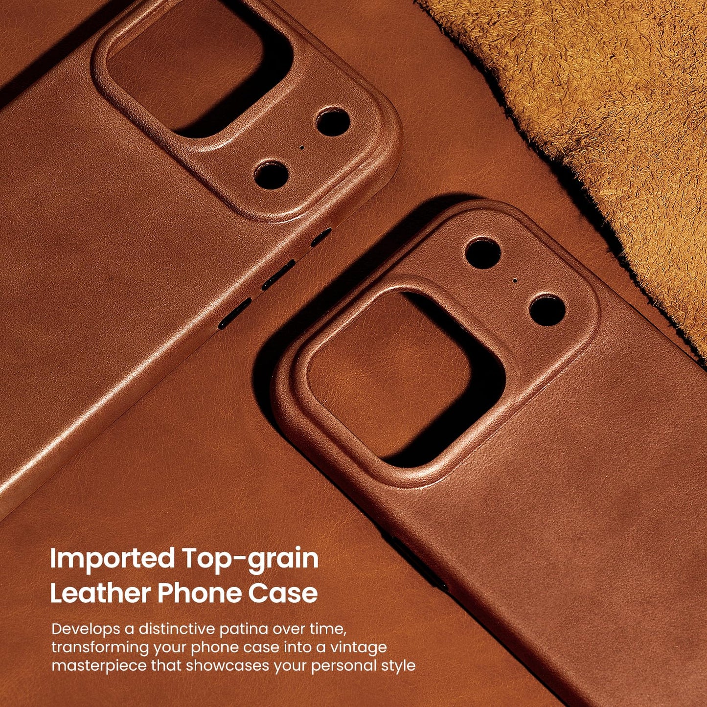 LUCKYCOIN Premium Leather Phone Case for iPhone 17 Pro 6.3in，Compatible with MagSafe & Wireless Charging，Built-in Camera Control Button，100% Full-Grain Cowhide Leather Slim Phone Case - Dark Brown