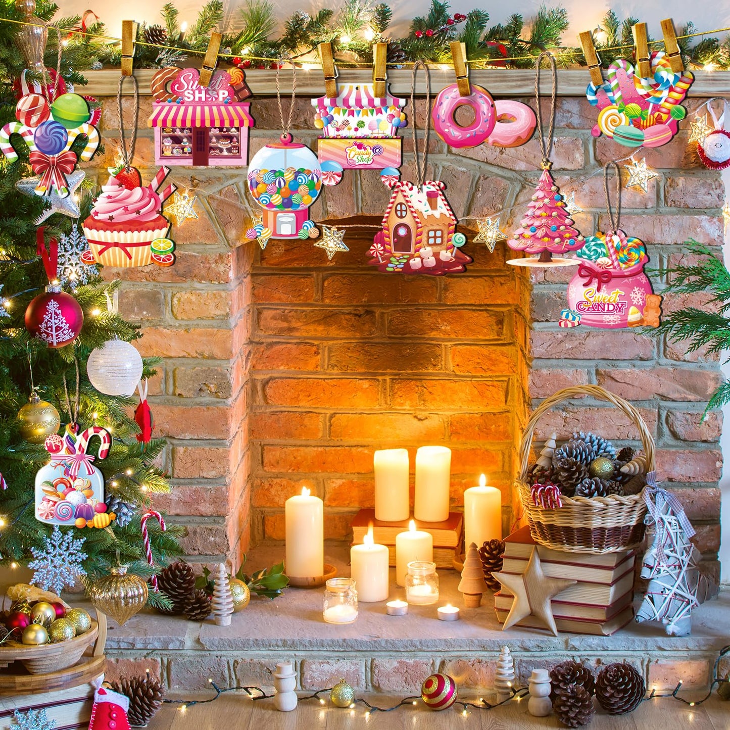 Qpout 36Pcs Candy Christmas Ornaments,Sweet Wooden Candyland Christmas Cane Cake Lollipop Hanging Decor for Xmas Tree Home Holiday Party Decorations Supplies