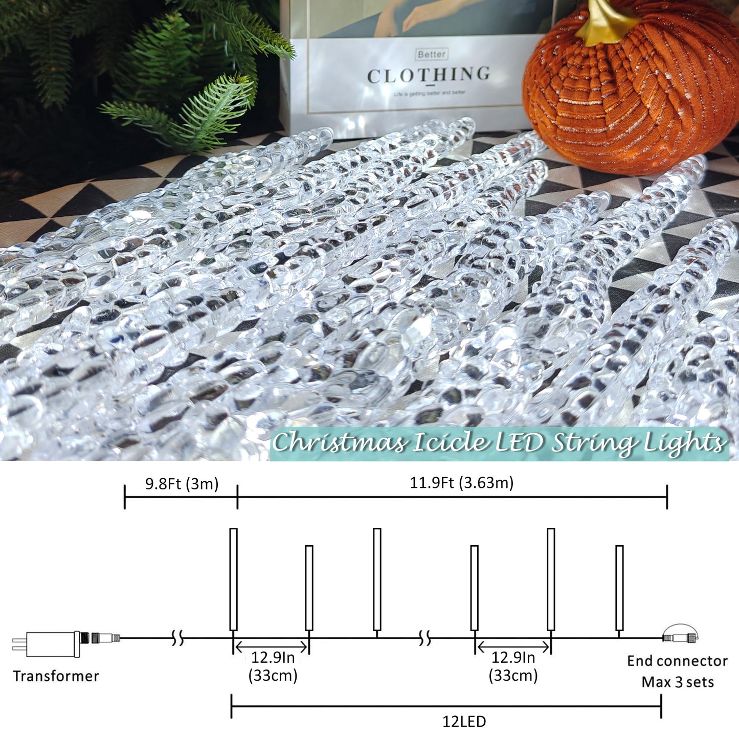 AWQ 21.7 FT Icicle Lights, 60 LED Twinkle Icicle String Lights with 12Tubes, Multicolour Christmas Light with 11 Modes, Timer & Memory Function for Indoor Outdoor Wedding Party Christmas Decor (12)