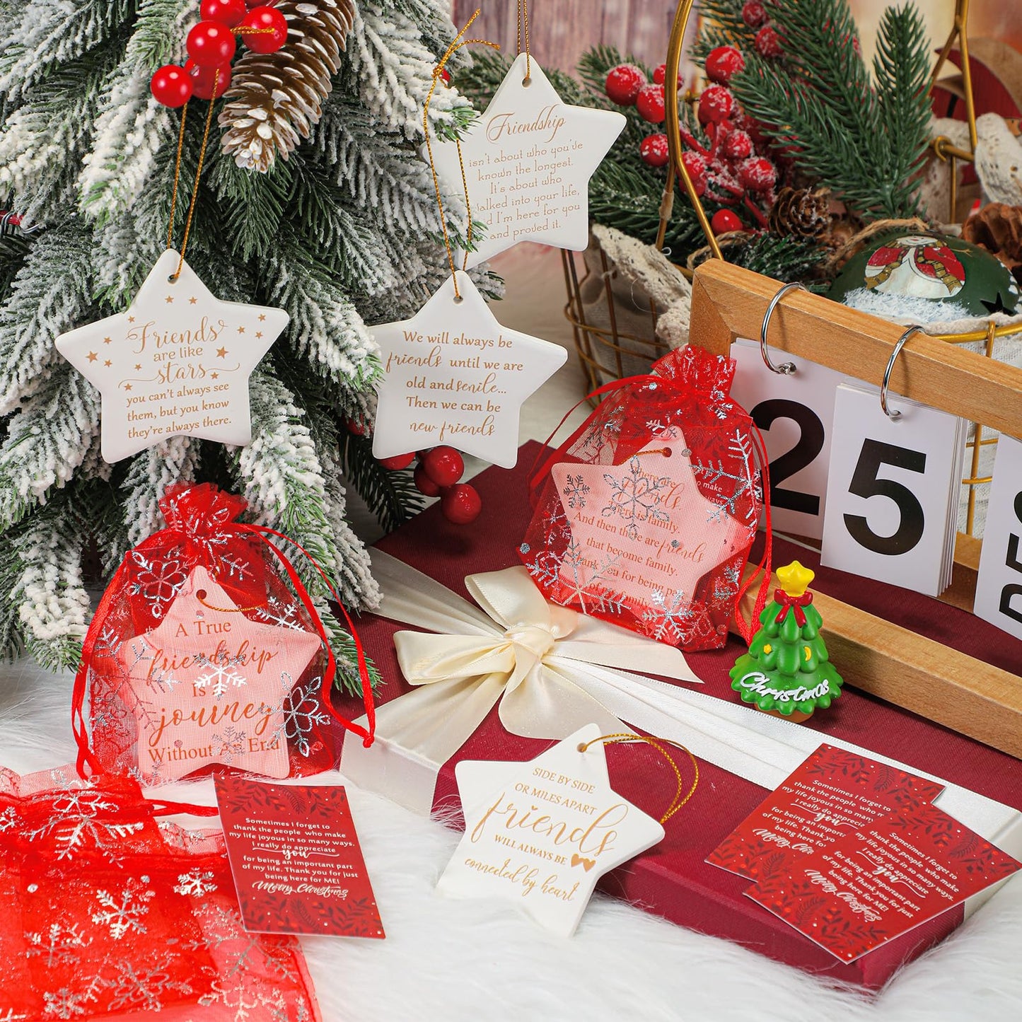 Suzile 6 Pcs Friendship Christmas Ornaments Long Distance Sister Christmas Ornament Gift Round Sisters Friends Ornaments with Holiday Cards Organza Gift Bag for Christmas Tree (Star)