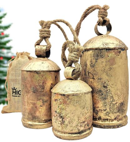 HIGHBIX Set of 3 Giant Harmony Cow Bells Huge Vintage Shabby Chic Handmade Rustic Lucky Christmas Hanging XL Bells On Rope Country Rustic (Extra Large)