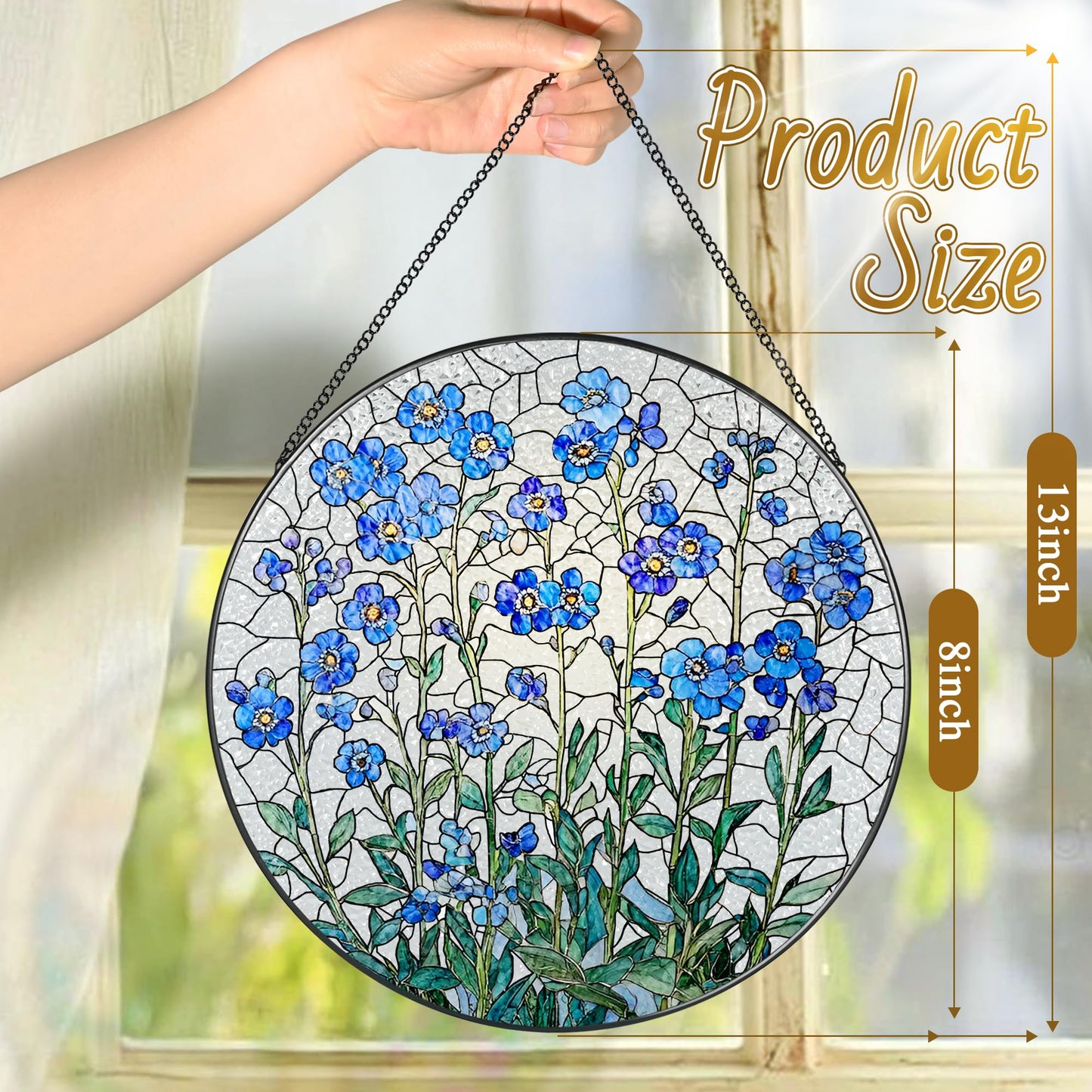 8 Inch Stained Glass Window Hanging, Forget Me Not Flower Stained Glass Suncatcher, Window Decor, Plant Lover Gift for Women, Forget Me Not Gifts for Couples, Best Friend, Family, Colleague, Classmate