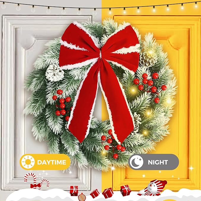 Pinkpum Lighted Christmas Wreath for Front Door Decor 16.5" Green Winter Wreath with LED String Lights for Home Wall Window Porch Farmhouse Indoor Outdoor Decorations Berries Pine Cones Bow 1 Pack