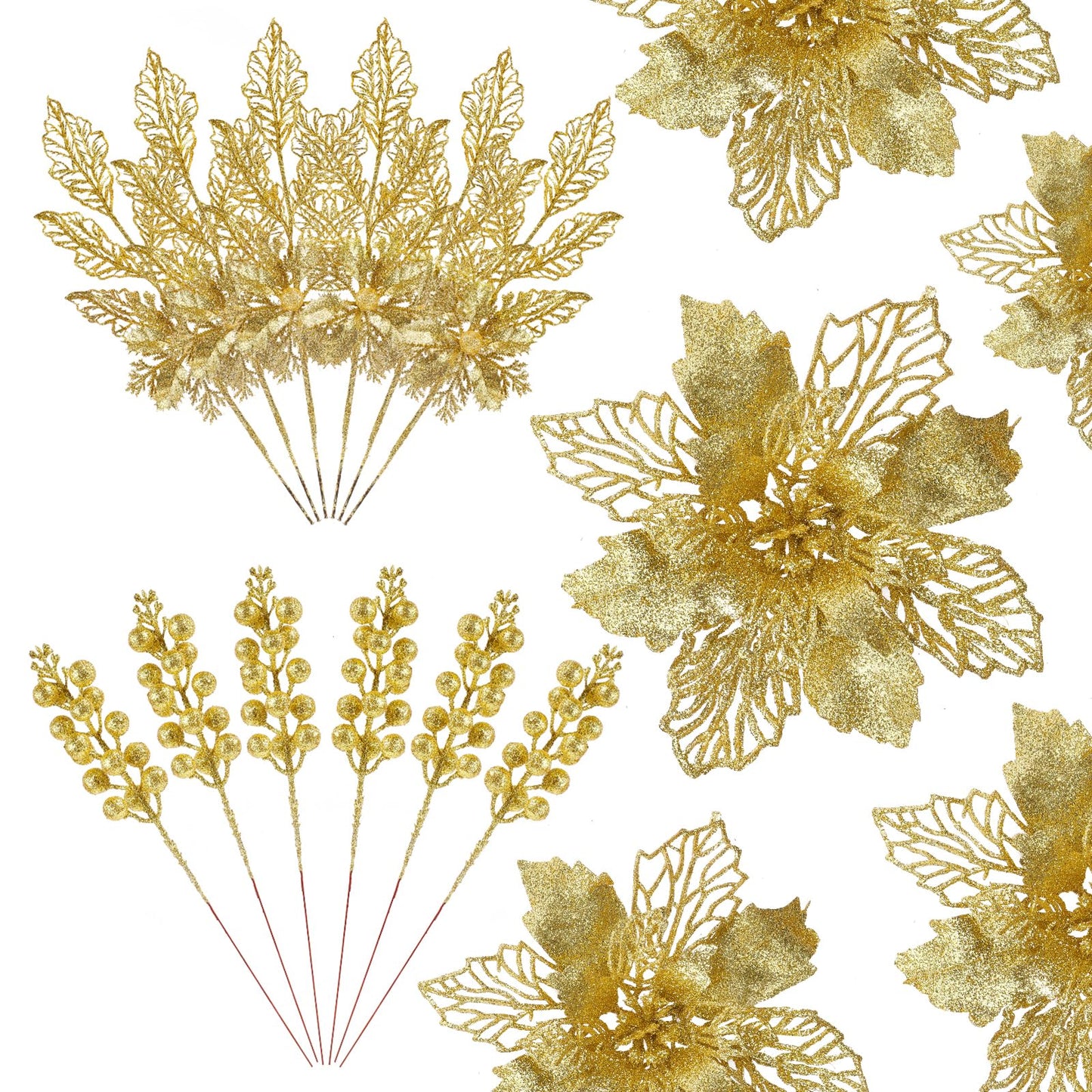 Alupssuc 24 PCS Christmas Tree Decorations, 12 PCS Poinsettia Flowers Artificial+6 PCS Glitter Holly Berry Stems+6 Berry Leaves Christmas Tree Picks for Party Wreath Fireplace, Gold