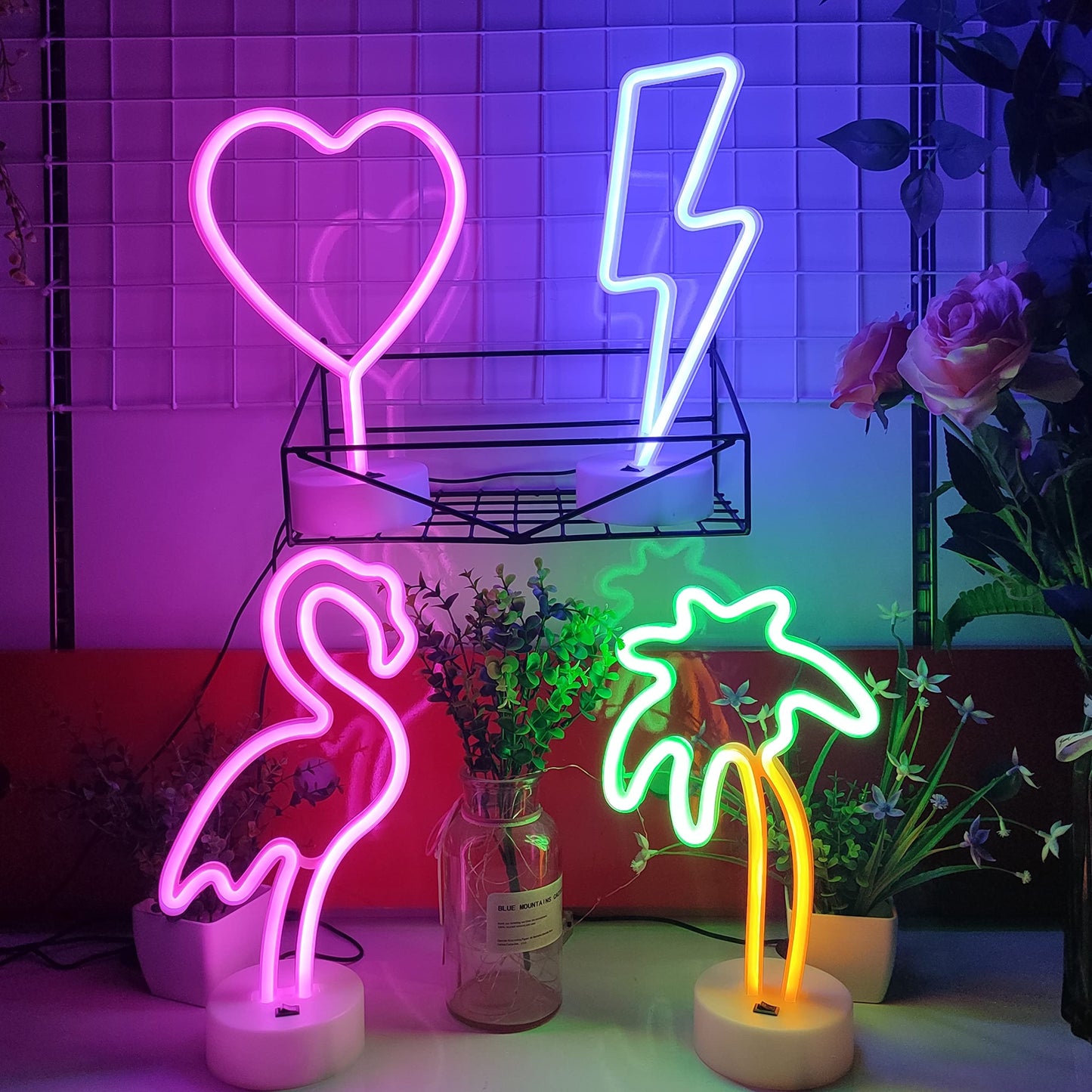 JYWJ Neon Signs with Holder Base,USB or 3-AA Battery Powered Neon Light,LED Desktop Wall Decoration,Various Parties,Decoration of Business Premises(Coconut Palm Tree)