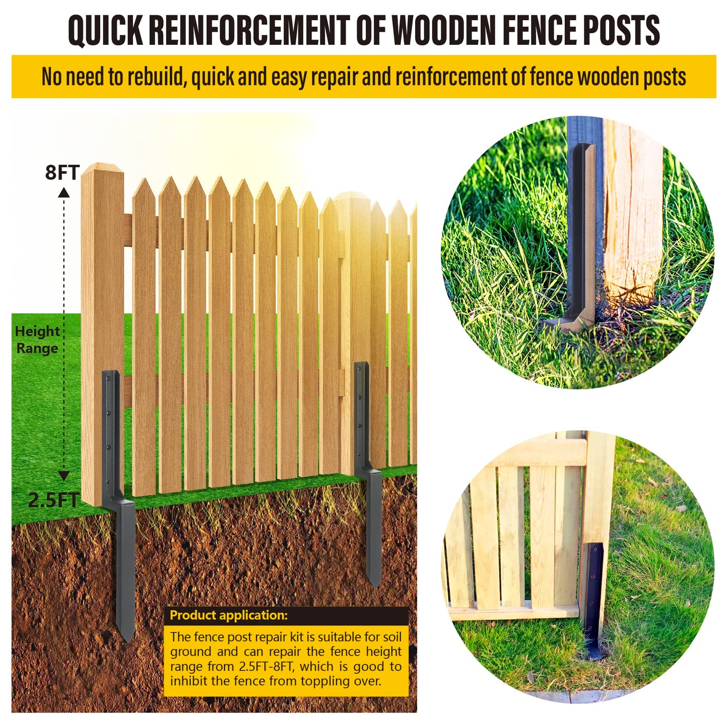 Epcee Heavy Duty Steel Fence Post Repair Stakes, Fence Post Anchor Ground Spike, for Repair Tilted/Broken Wood Fence Post (1 Pack/Black
