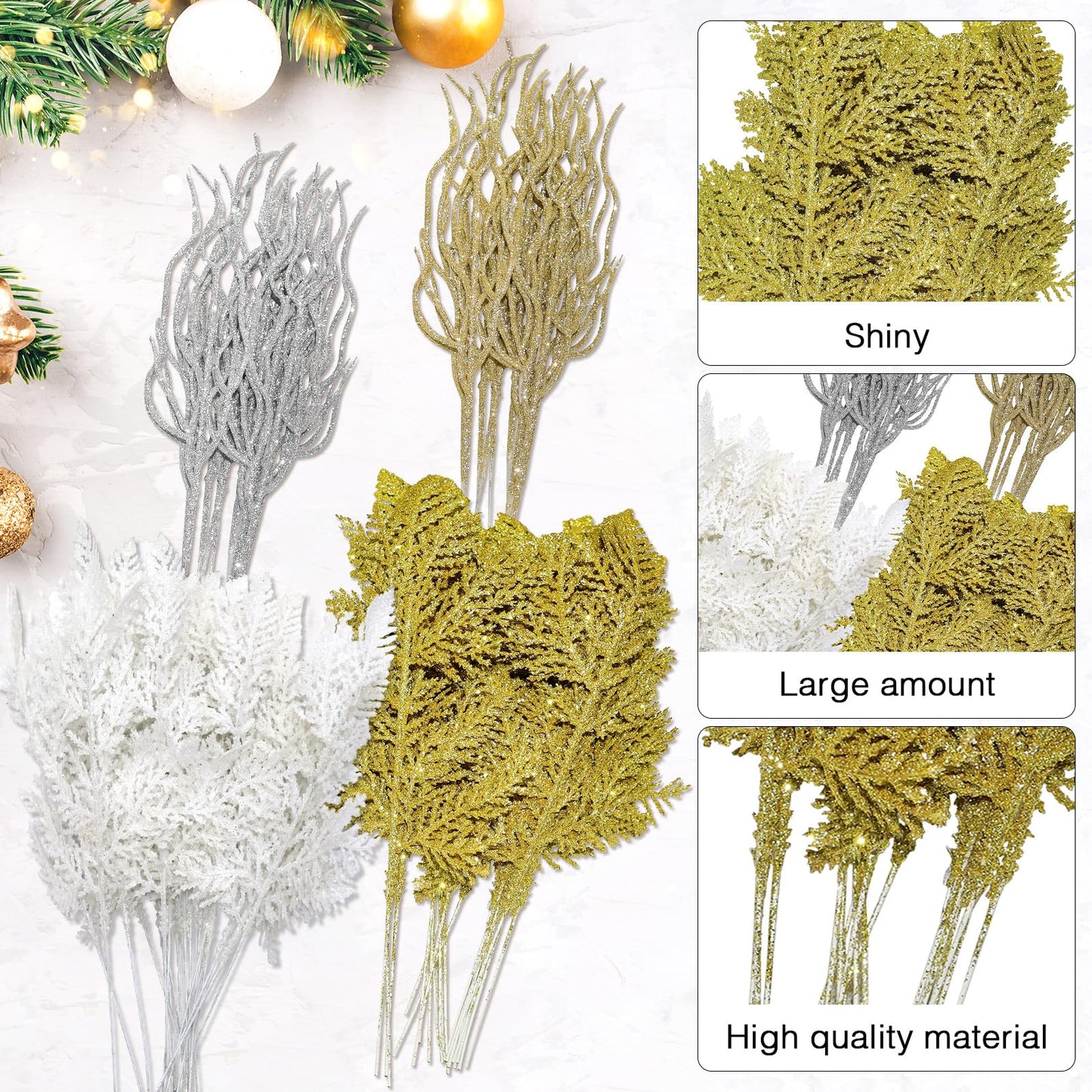 MCCVBFHH 60 Pcs Christmas Glitter Artificial Pine & Cedar Branches - Sparkly Stems Picks for Christmas Tree,Garland,Wreath,Holiday Party & Winter Home Decor