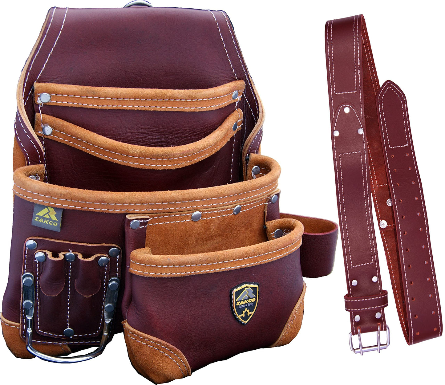 PRO-15 8 Pocket Carpenter's Nail & Leather Belt with Genuine Leather Tool Pouch (MAROON)