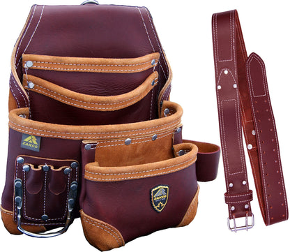PRO-15 8 Pocket Carpenter's Nail & Leather Belt with Genuine Leather Tool Pouch (MAROON)