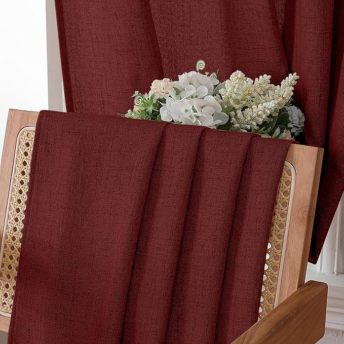 Tollpiz Linen Curtain Bedroom Rod Pocket Semi Sheer Curtains Burlap Light Filtering Thick Linen Drape for Living Room, 38 x 84 inches Long, Burgundy Red, Set of 2 Panels