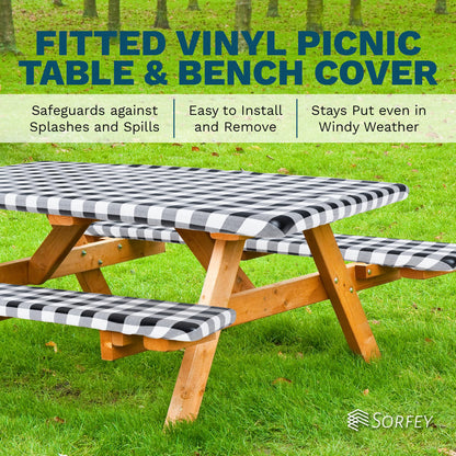 Sorfey Picnic Table Cover with Bench Covers -Fitted with Elastic, Vinyl with Flannel Back, Fits for Table 30"x 72" Rectangle,Water Proof, Checked red Design