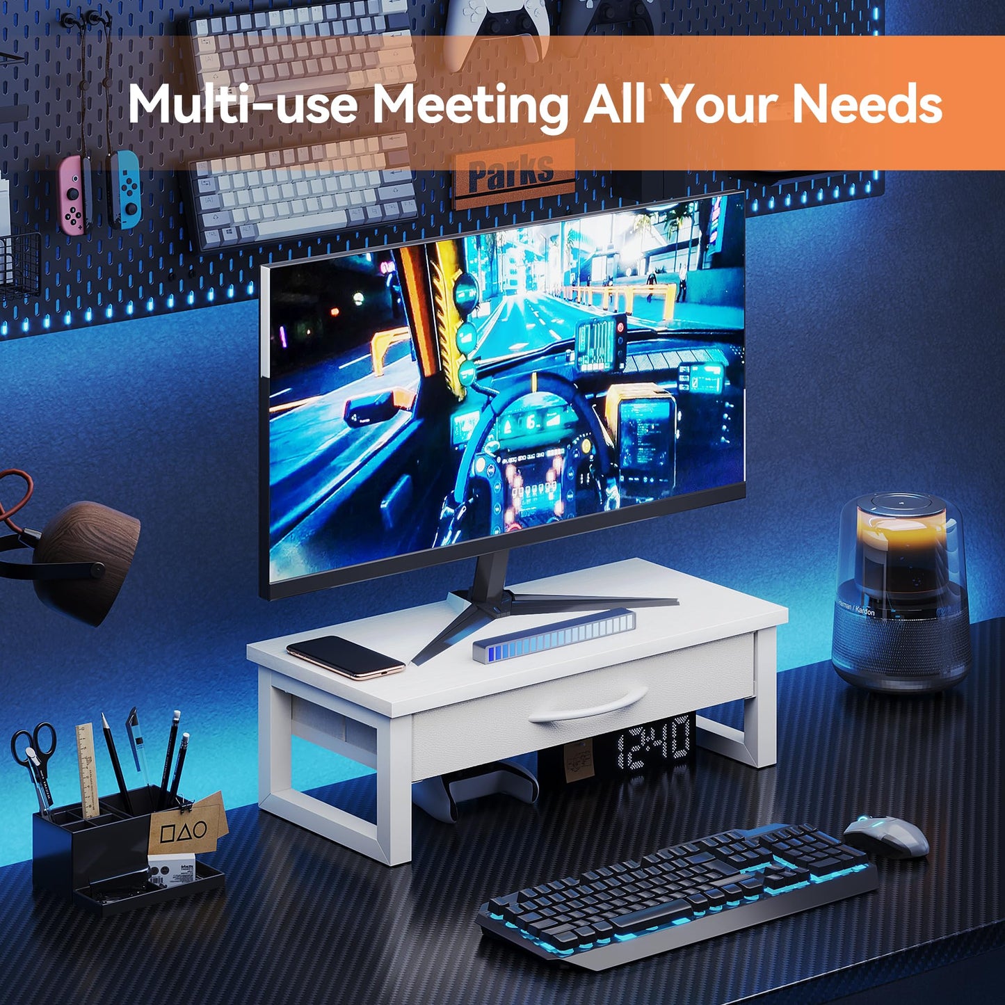HEWORLIF Desk Organizers and Accessories, Computer Monitor Stand Riser with Drawer, White Laptop Stand for Desk with Storage, Office Organization, Wood