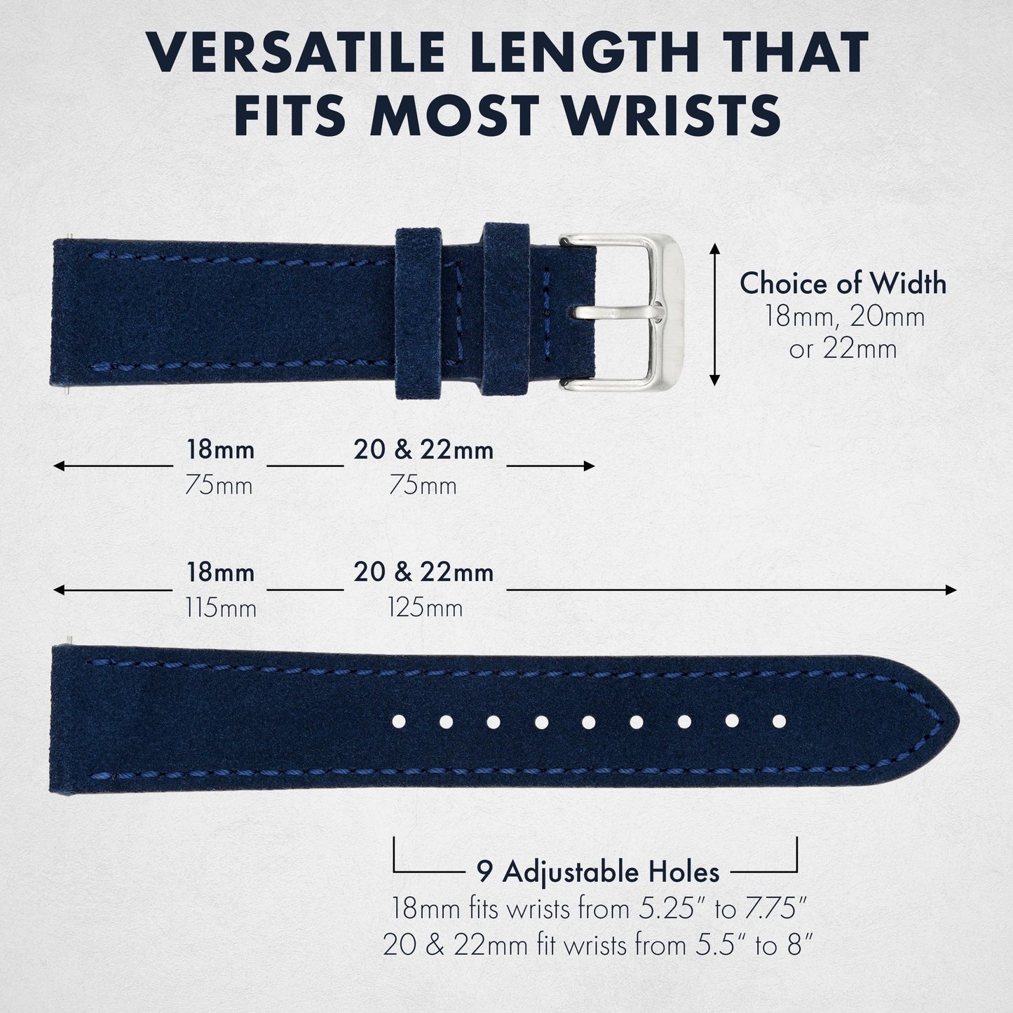 Benchmark Suede 22mm Leather Watch Band – 22mm Quick Release Watch Band with Stainless-Steel Buckle & 9 Adjustable Holes – Blue Leather Watch Bands for Men & Women (22mm, Navy Blue)