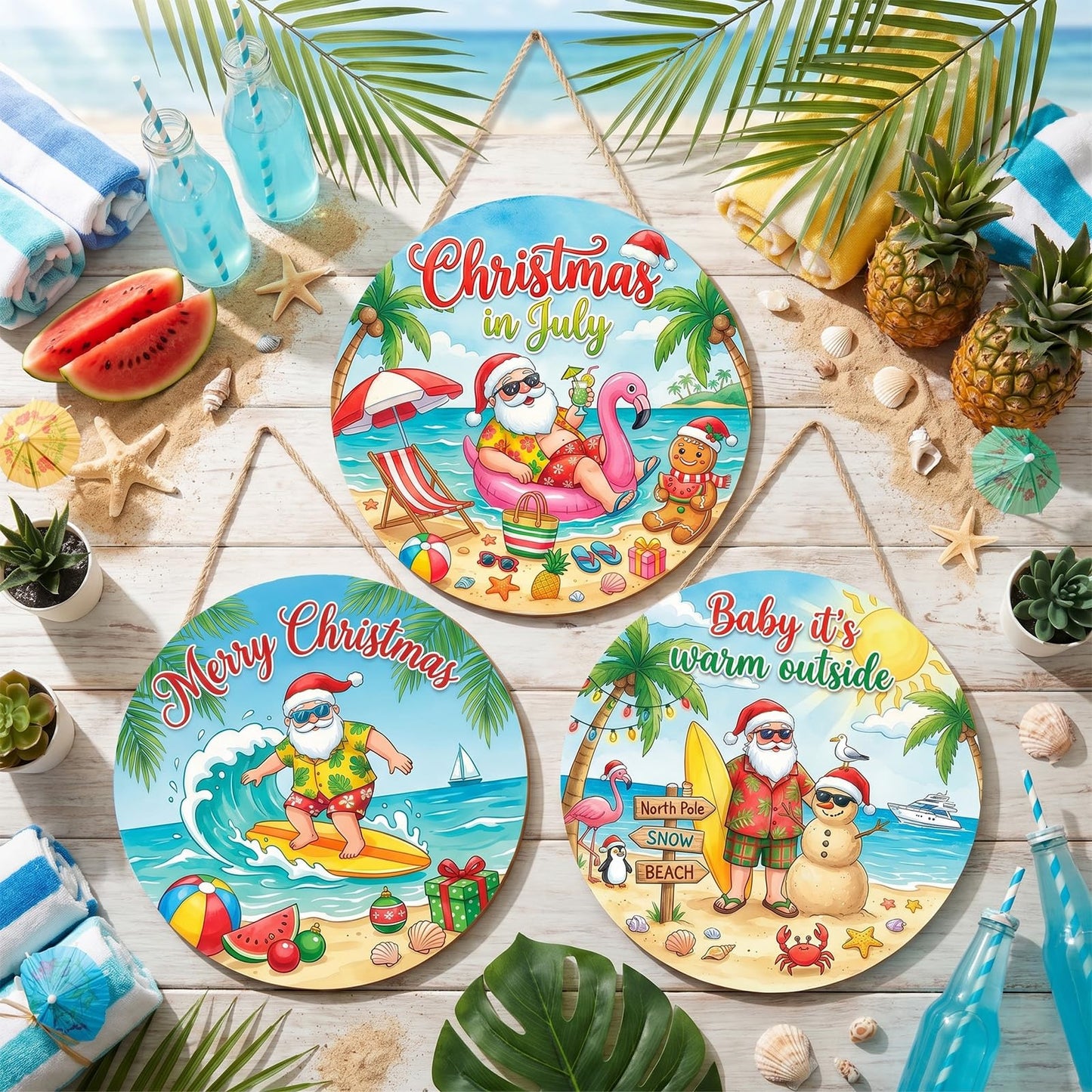 Shejdgart Summer Christmas Door Decorations - 3 Pcs Christmas in July Front Door Sign Xmas Santa Beach Snowman Hawaiian Wooden Hanger Door Sign for Farmhouse Home Wall Living Room Party Supplies