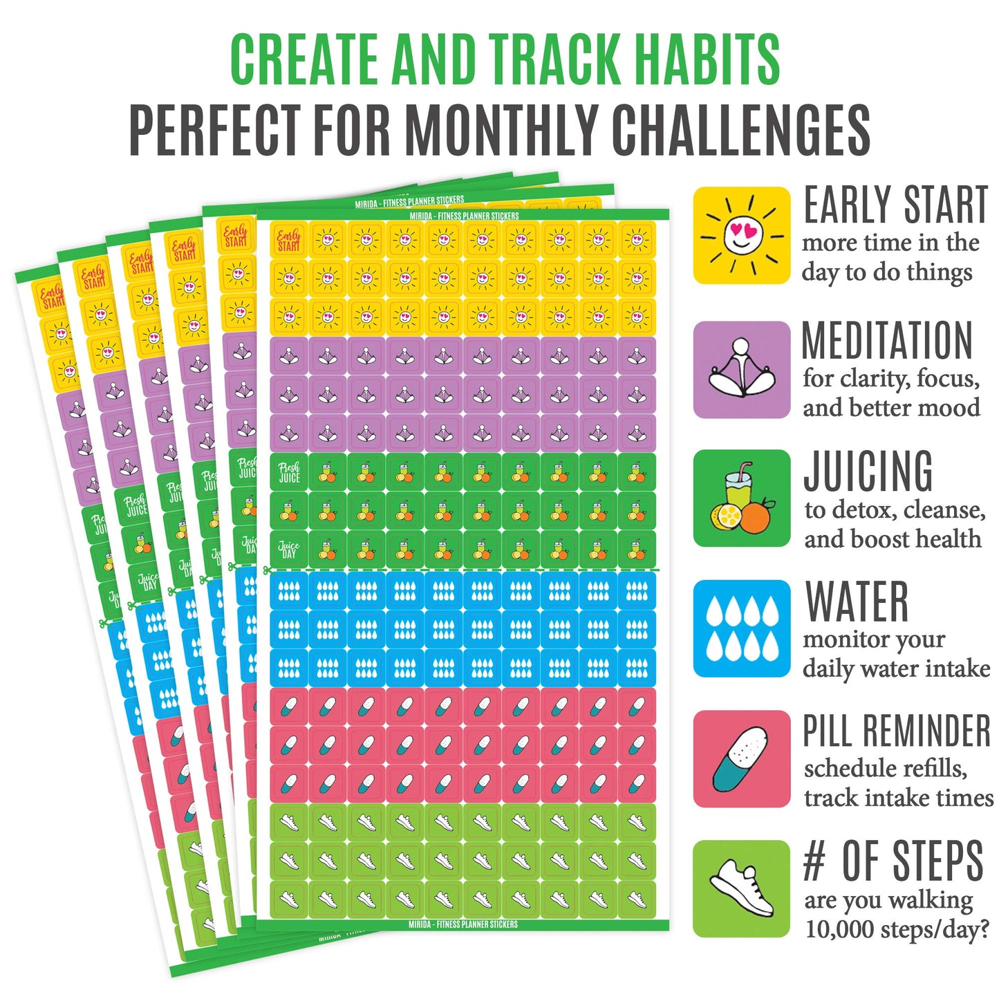 Mirida Planner Stickers - Fitness Pack of 2076 Mini Icons for Workout, Healthy Diet, Gym Exercise, and Habits - for Calendar and Journal