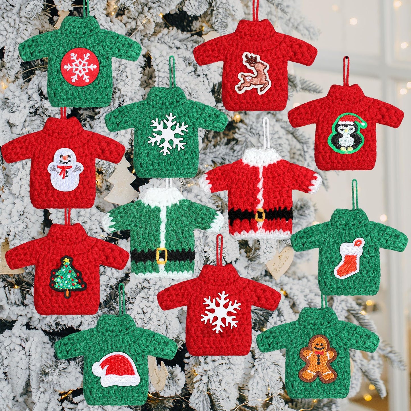 12 Pcs Handcrafted Crochet Ugly Sweater Ornament Christmas Red and Green Ugly Sweater Decorations for Christmas Tree Snowflake Gingerbread Reindeer Santa Hanging Decor for Xmas Winter Party Favors