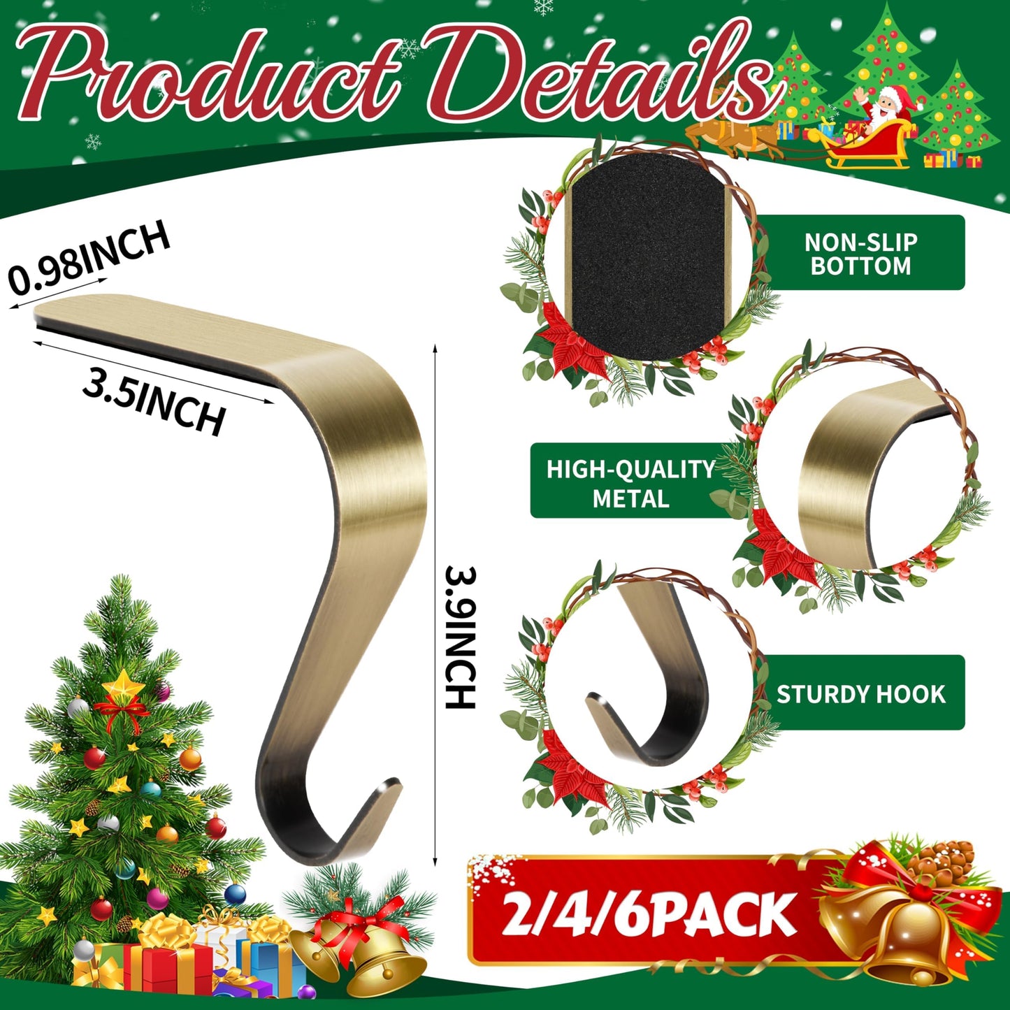 Palonu Christmas Stocking Holders Mantel Stcoking Hangers Metal Hanging Hooks Ornament Hooks Fireplace Hanger Grip for Christmas Decorations (4, Bronze)