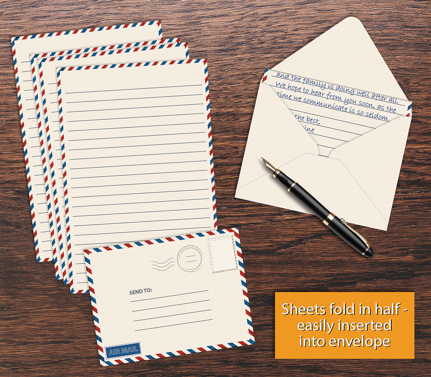 Better Office Products Vintage Airmail Mini Stationery Set, 100 Piece Set (50 Lined Sheets + 50 Matching Envelopes), 5.5 x 8.25 inch, Design, Double Sided Printing, Double Side Lined Paper,
