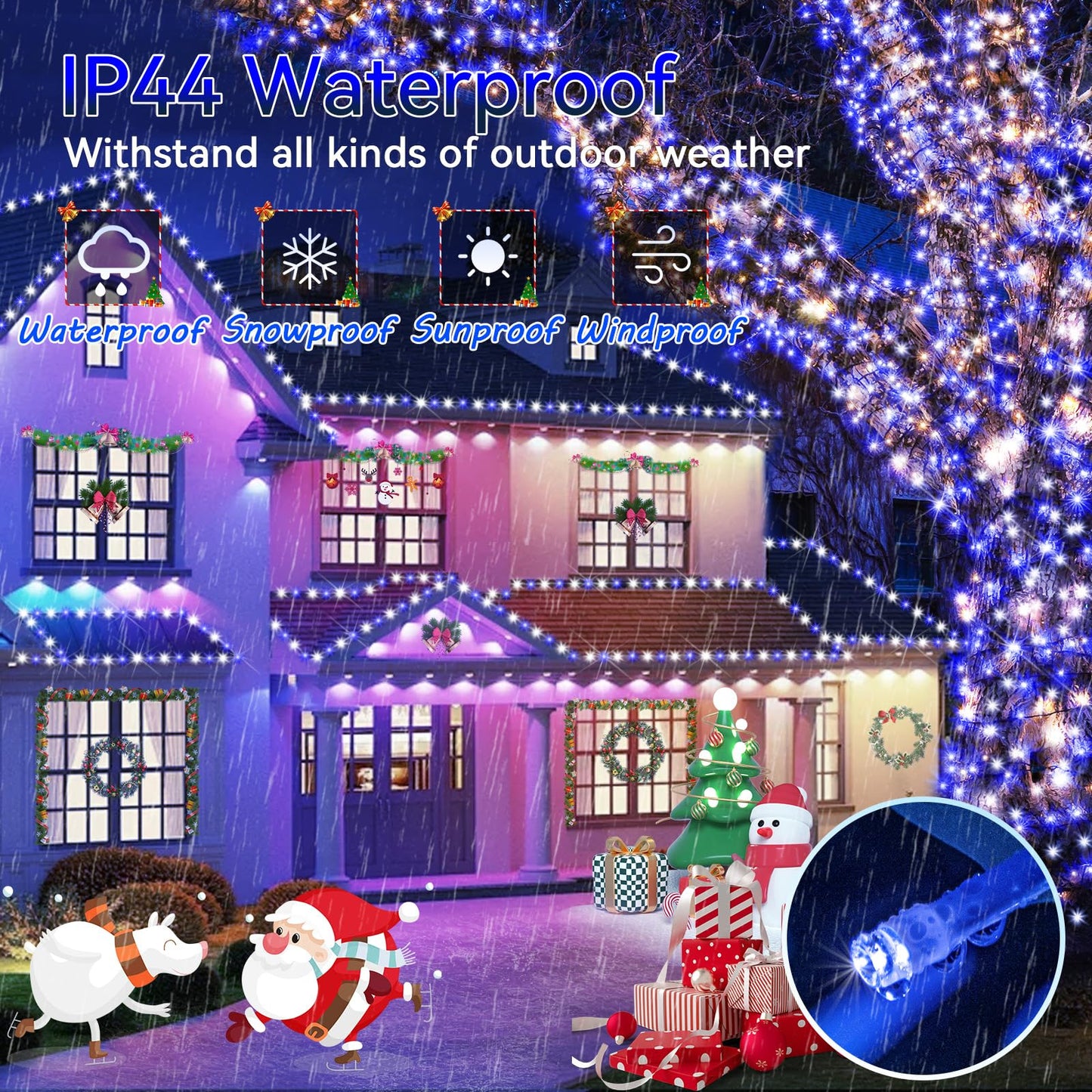 Hezbjiti 1000 LED 403 FT Christmas String Lights Outdoor, 8 Lighting Modes IP44 Waterproof Fairy Lights with Timer and Dimmable Function for Home Party Tree Decorations (Blue+White, Clear Wire)