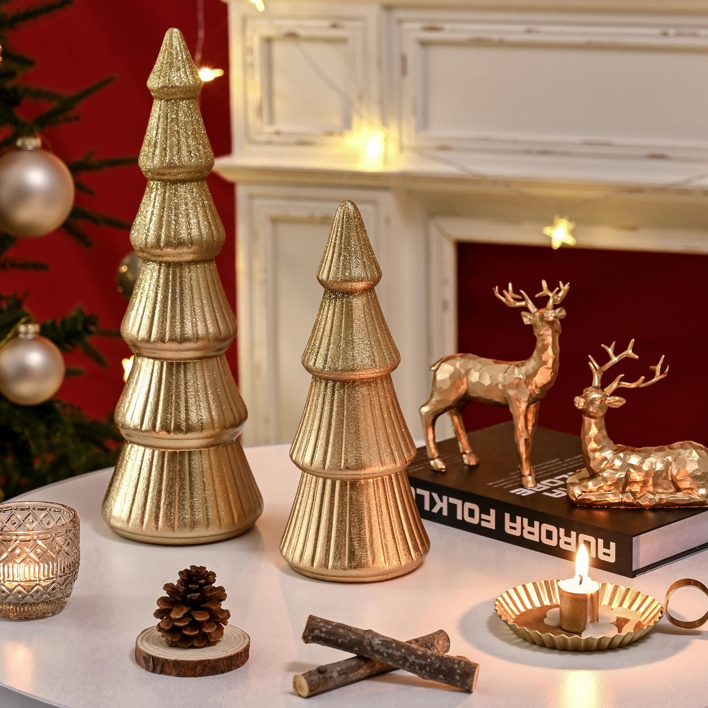 AOMOONOA Wooden Christmas Trees Figurine, 2Pcs Gold Tree Figurines, Decorative Trees for Tabletop, Small Glittered Golden Xmas Tree Figurines for Christmas Mantle Indoor Decor