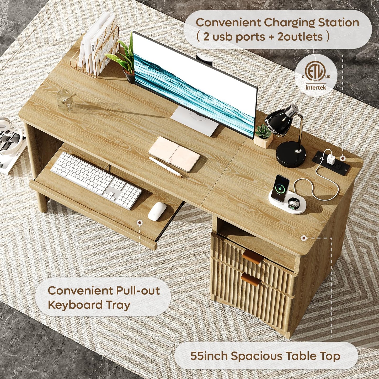 Bestier Computer Desk with Drawer, 55 inch Office Desk with Power Outlet, Modern Home Office Desk with Keyboard Tray (Natual Oak, 55" W with Single-Sided Drawers)