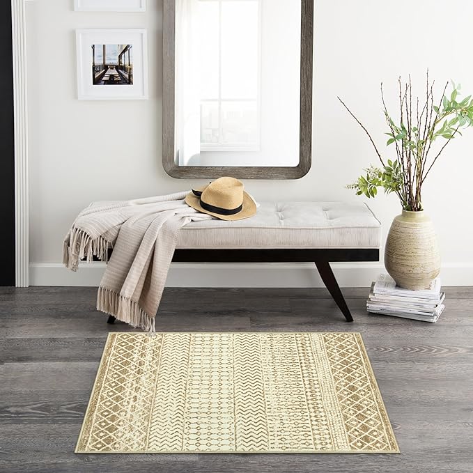 Moroccan Washable Rug for Bedroom, 2x3 Tan Distressed Door Mat Non Slip Kitchen Rug, Low-Pile Soft Faux Wool Floor Carpet for Entryway Kitchen Bathroom Bedroom
