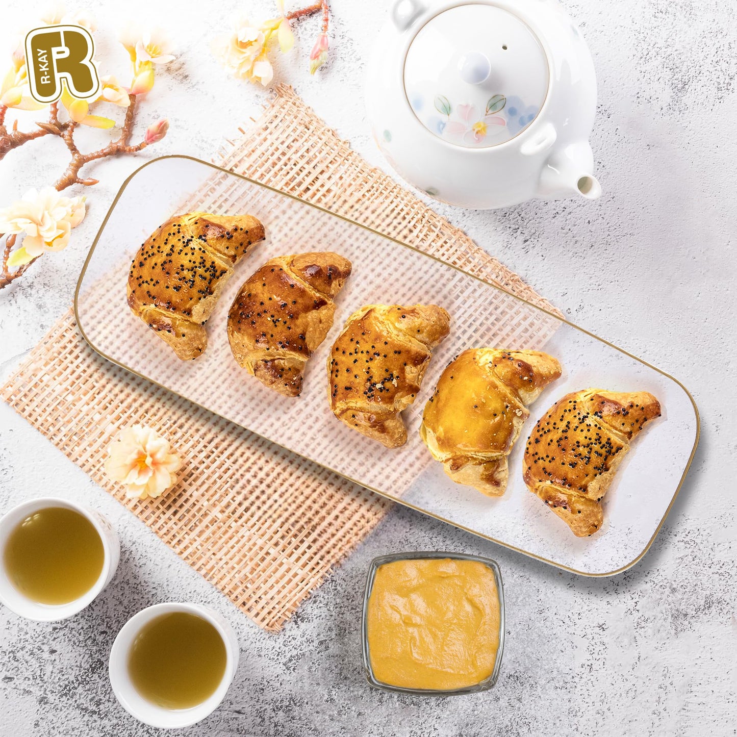 R-kay 4 Pack Plastic Serving Trays For Party - Gold Serving Tray 17 by 6.5 Inch - Heavy Duty Clear Trays For Food - Long Party Serving Trays For Entertaining - Clear Platters