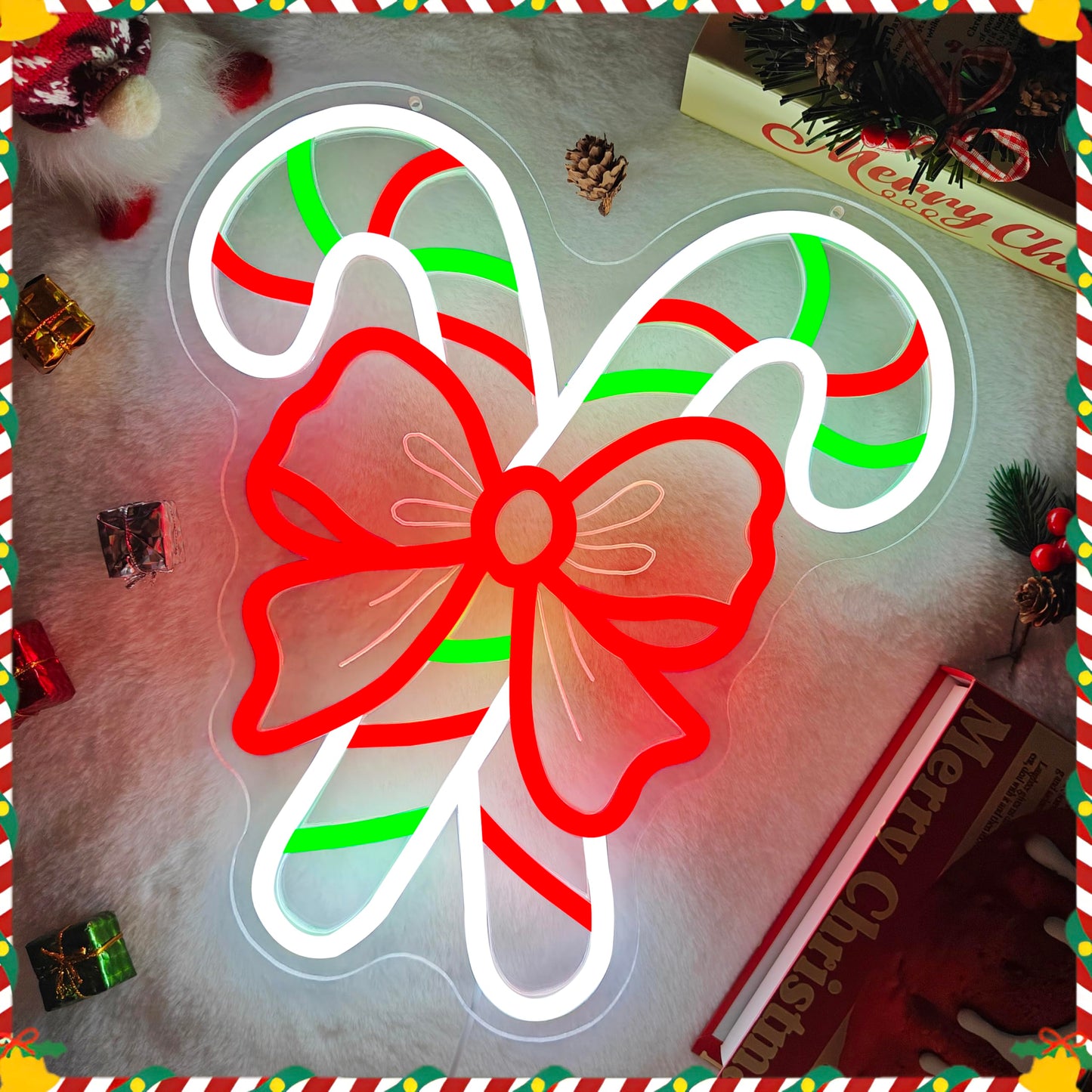 hhuohuona Christmas Neon Sign Dimmable Candy Cane Window Lights Light Up Candy Canes With Bow Led Sign Candyland Christmas Decorations Xmas Neon Wall Decor for Home