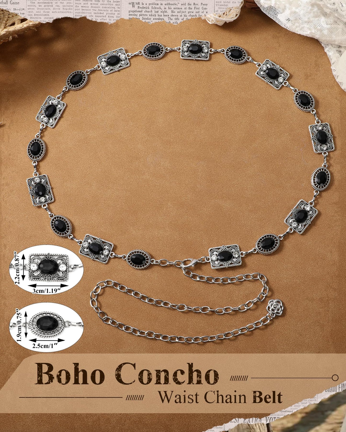 JKEEMI Women Western Concho Chain Belt Vintage Rhinestone Gems Boho Metal Waist Chain Jeans Dress Daily Concert Halloween