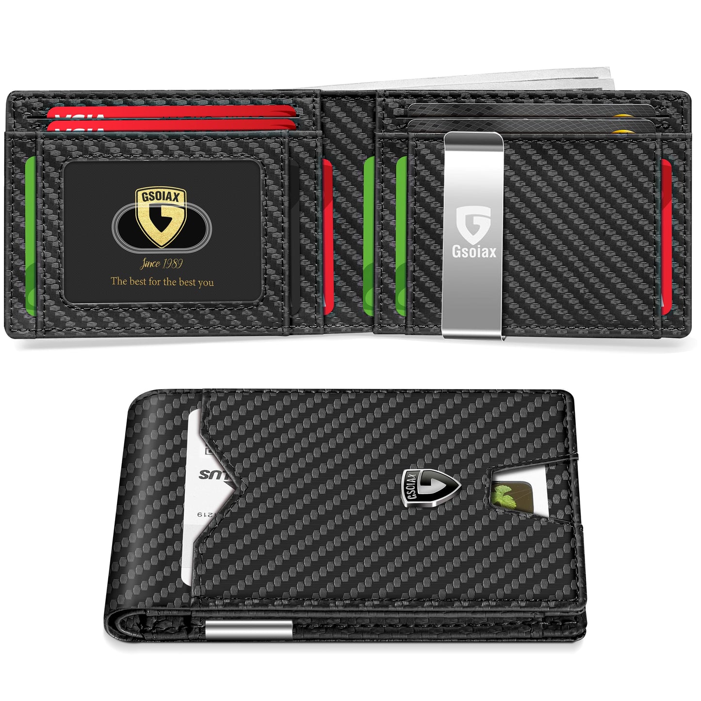 GSOIAX Slim Wallet for Men Rfid Blocking Leather Bifold Front Pocket Carbon Fiber Credit Card Holder Novelty Wallets With Gift Box (Carbon-money clip)