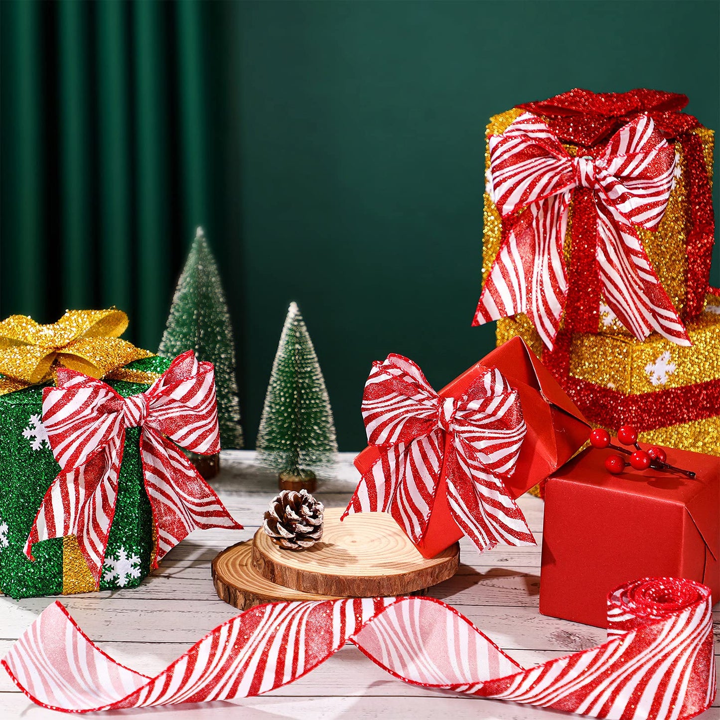 2 Rolls 2.5 Inch x 6 Yards Christmas Red and White Ribbon Christmas Candy Cane Wired Edge Ribbons DIY Craft for Xmas Tree Decorations Wreath Bows Making Gift Wrapping(Arcuate Stripes)
