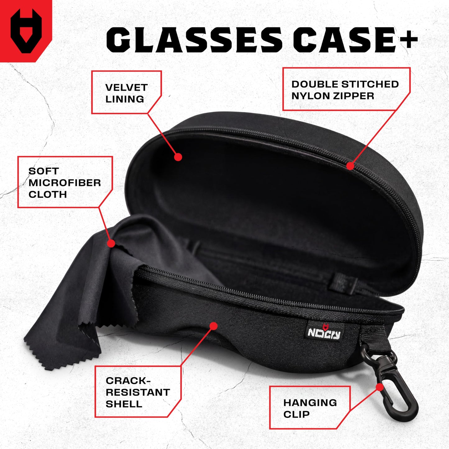 NoCry Glasses Case Hard Shell with Velvet Lining, Reinforced Zipper & Belt Clip — Protective Sunglasses or Eyeglass Case for Sunglass or Safety Glasses, Perfect Storage for Travel — For Men and Women