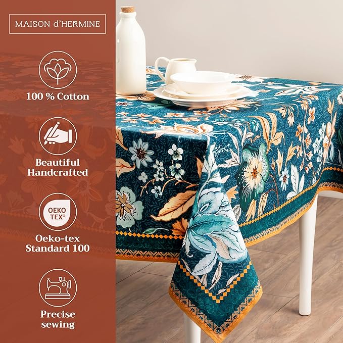 Maison d' Hermine Table Cloth Square Table 100% Cotton 54 x 54 Inches Fall Tablecloth Reusable Everyday Use for Thanksgiving Christmas Decorations Dining Farmhouse Party (Luxury Loft - Dark Teal)