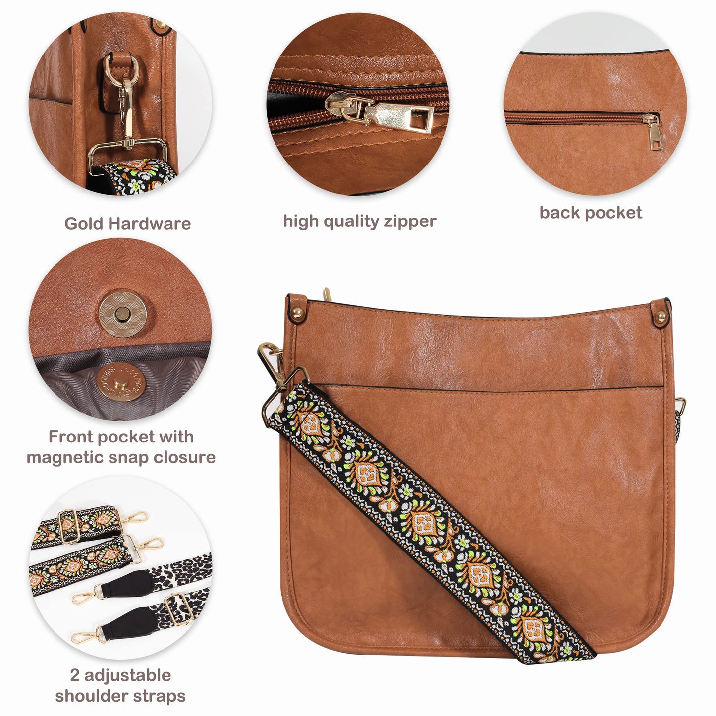 Cross Body Bag Purses for Women with Guitar Strap, Trendy Vegan Faux Leather Shoulder Bag Designer Handbag with 2 Strap (Brown)
