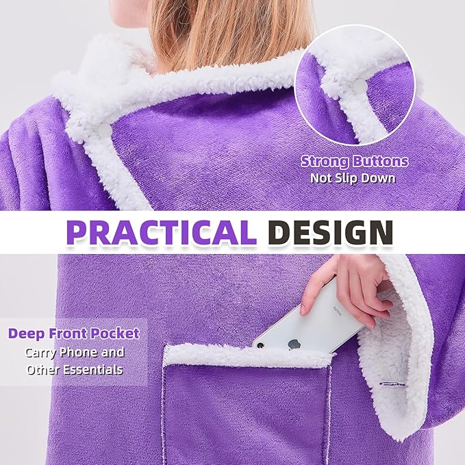 IFNOW Sherpa Wearable Blanket with Sleeves for Women Men Adults, Cozy Wearable Blanket with Arm and Pocket, Warm Full Body TV Wrap Throw Blanket, Soft Robe Blanket as Gifts for Mom Wife, Purple