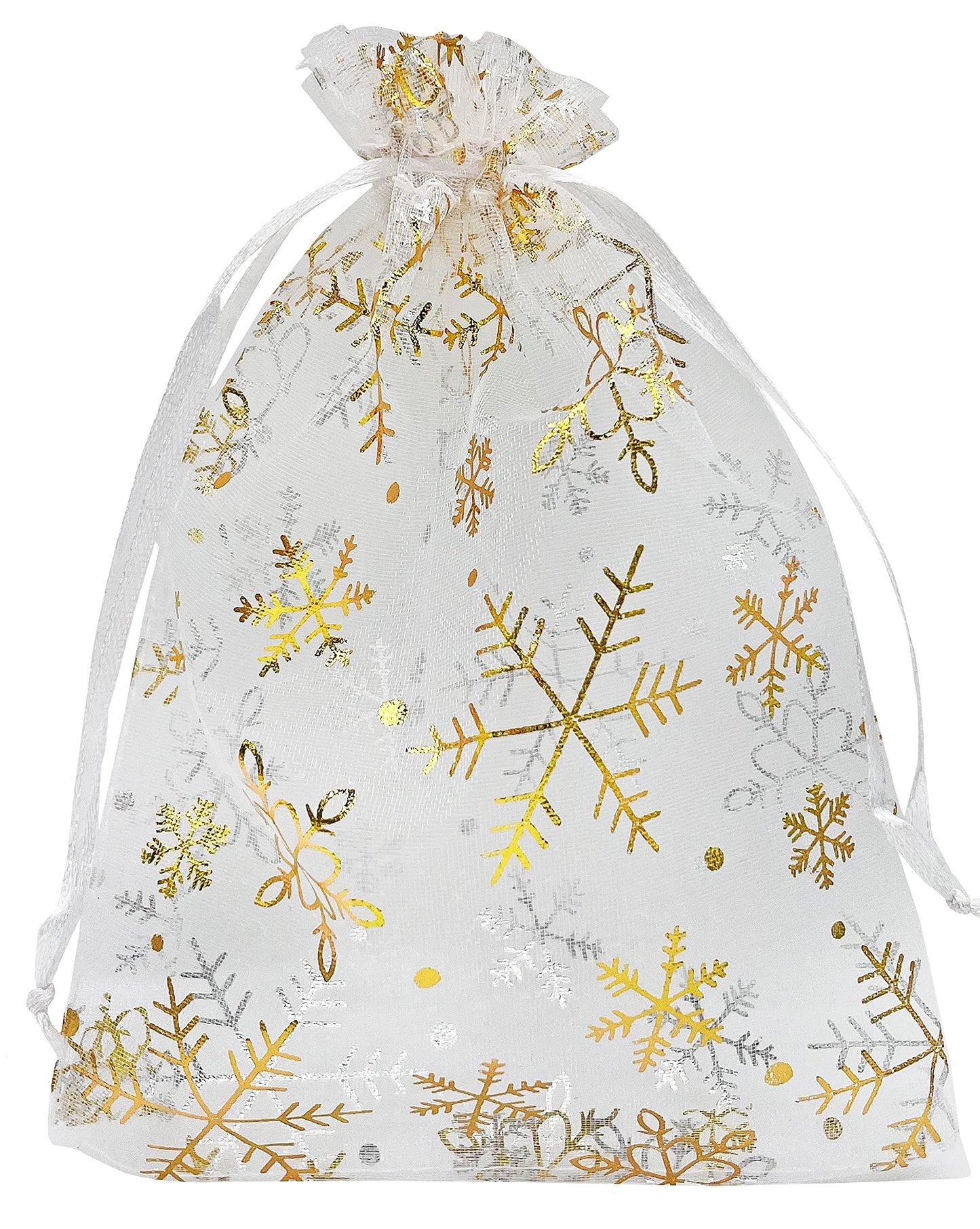 Jexila 100PCS Christmas Organza Gift Bags 5''X7'' Small Snowflake Drawstring Goodie Candy Treat Bag Mesh for Kids Christmas Holiday Party Favors