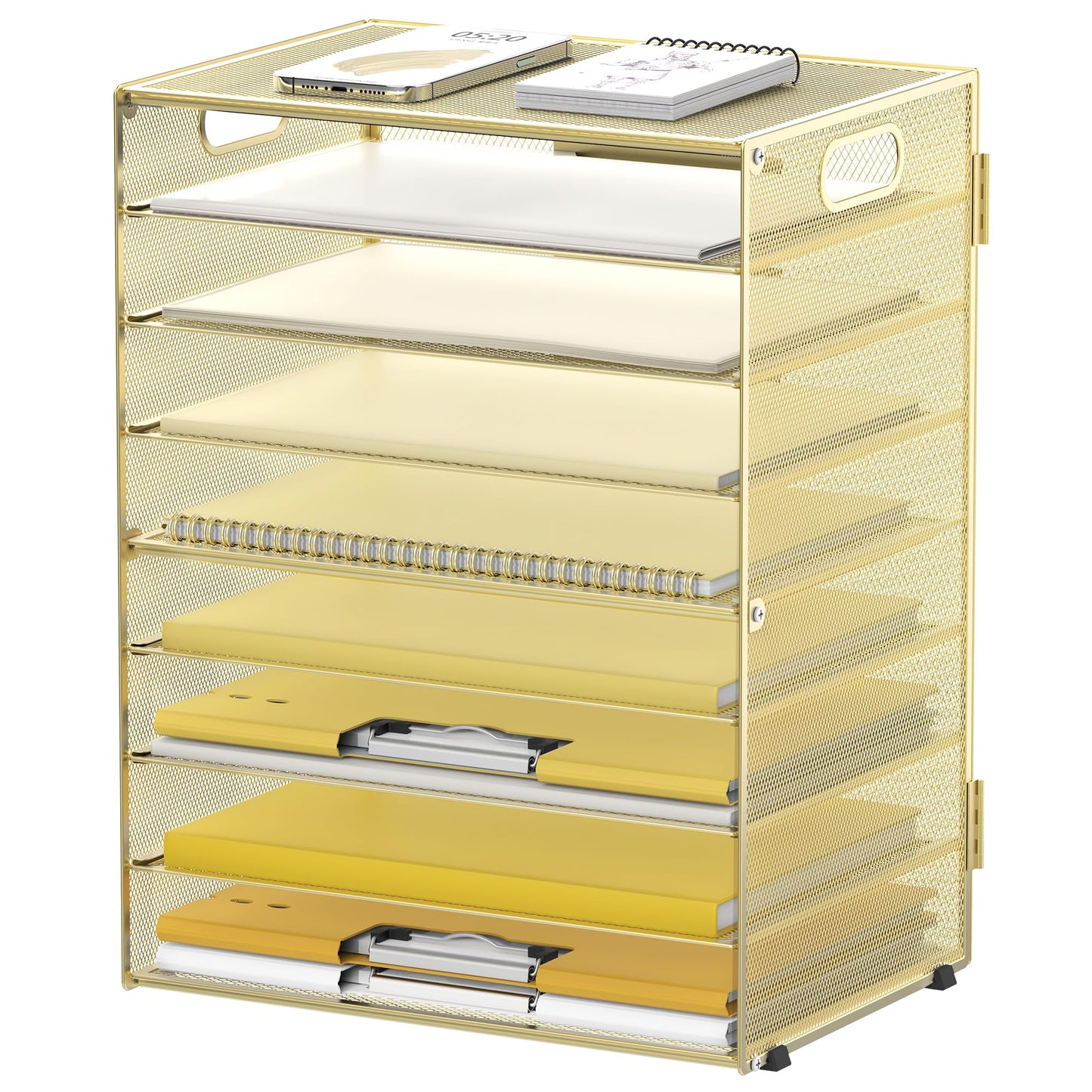 DALTACK 9-Tier Paper Organizer for Desk, Mesh Letter Tray Desk Organizer with Handles, Space-Saving File Organizer for Office Home School, Gold