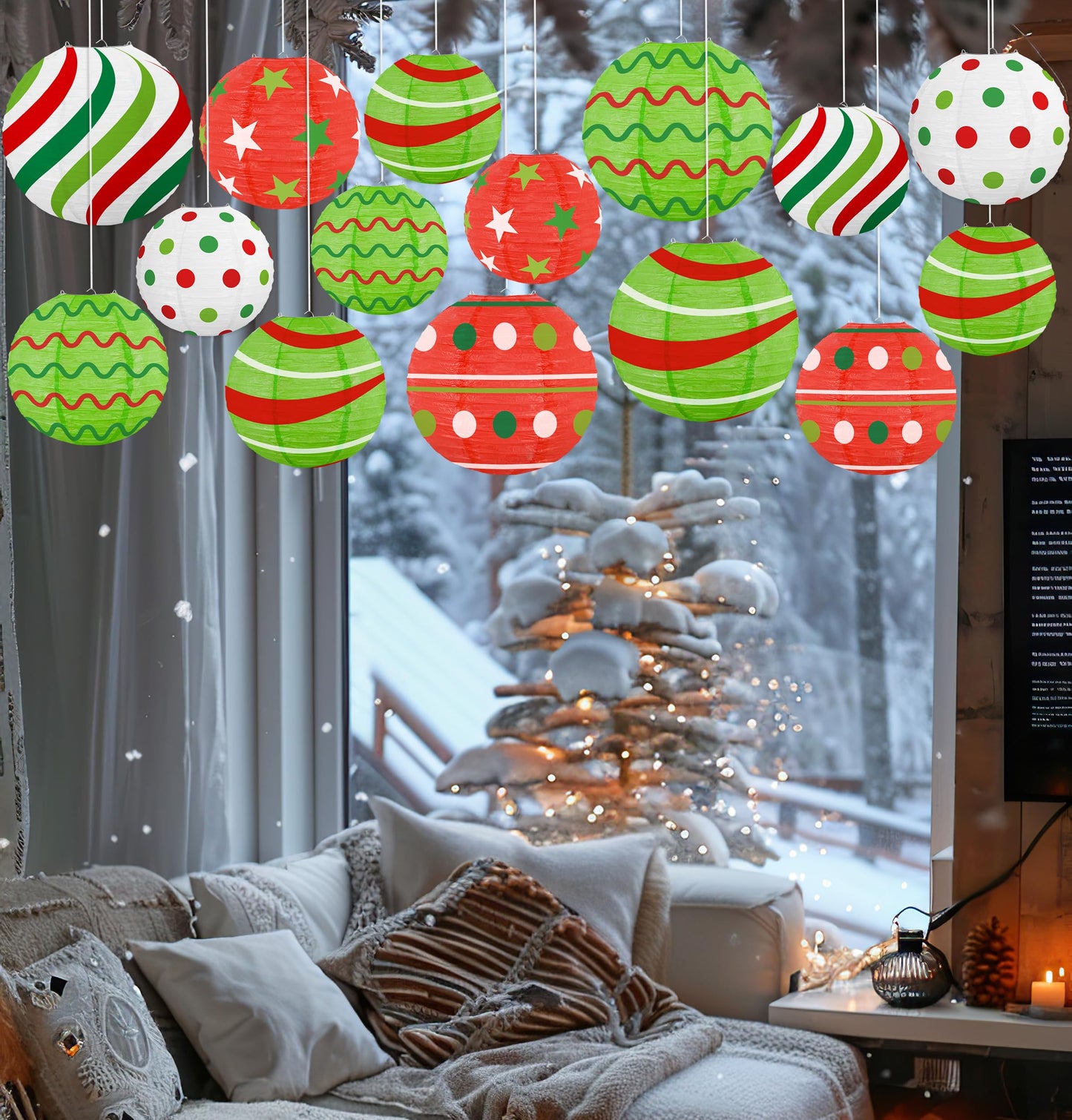 15Pcs Christmas Hanging Elf Paper Lanterns Party Decorations Indoor - Xmas Ornaments Decor for Winter, Birthday Party Ceiling Supplies