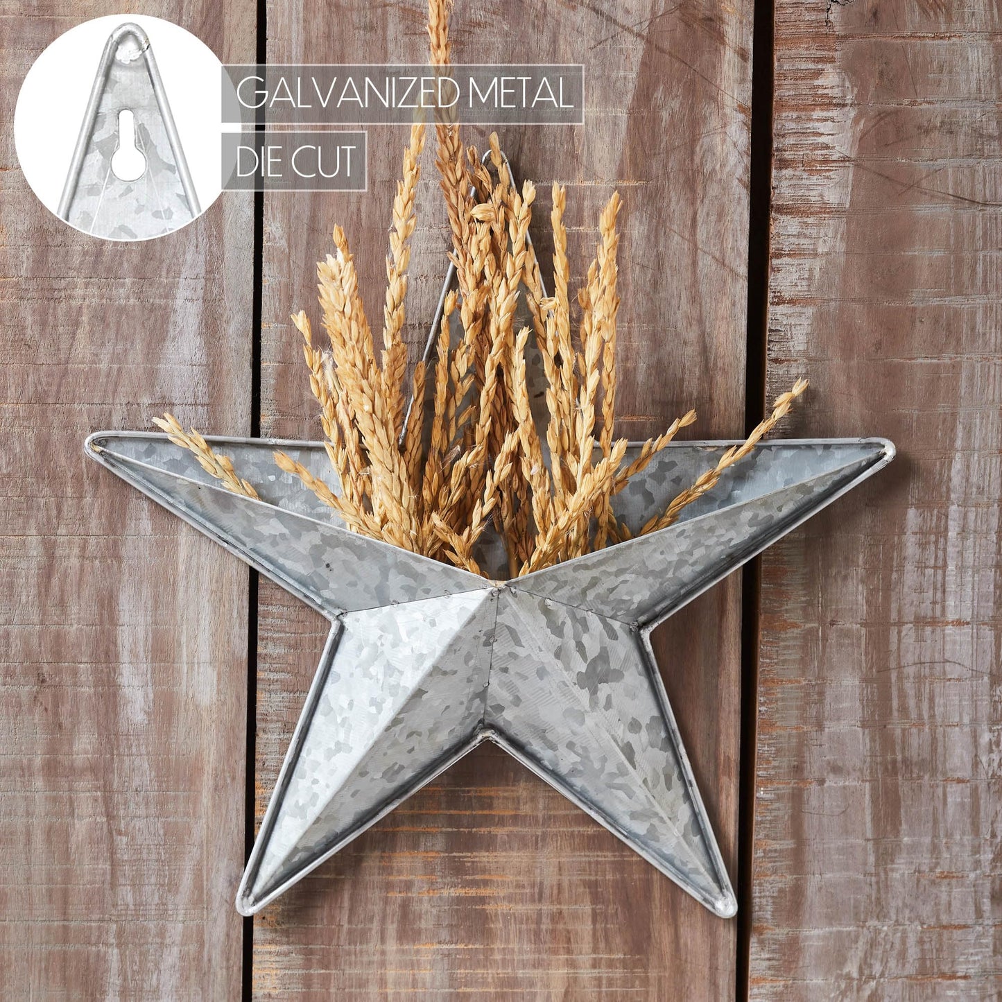 VHC Brands Patriotic Faceted Metal Star Galvanized Wall Hanging w/Pocket 12x12, Independence Day Decor, American Star with display pocket, Distressed Appearance Wall Hanging, Grey