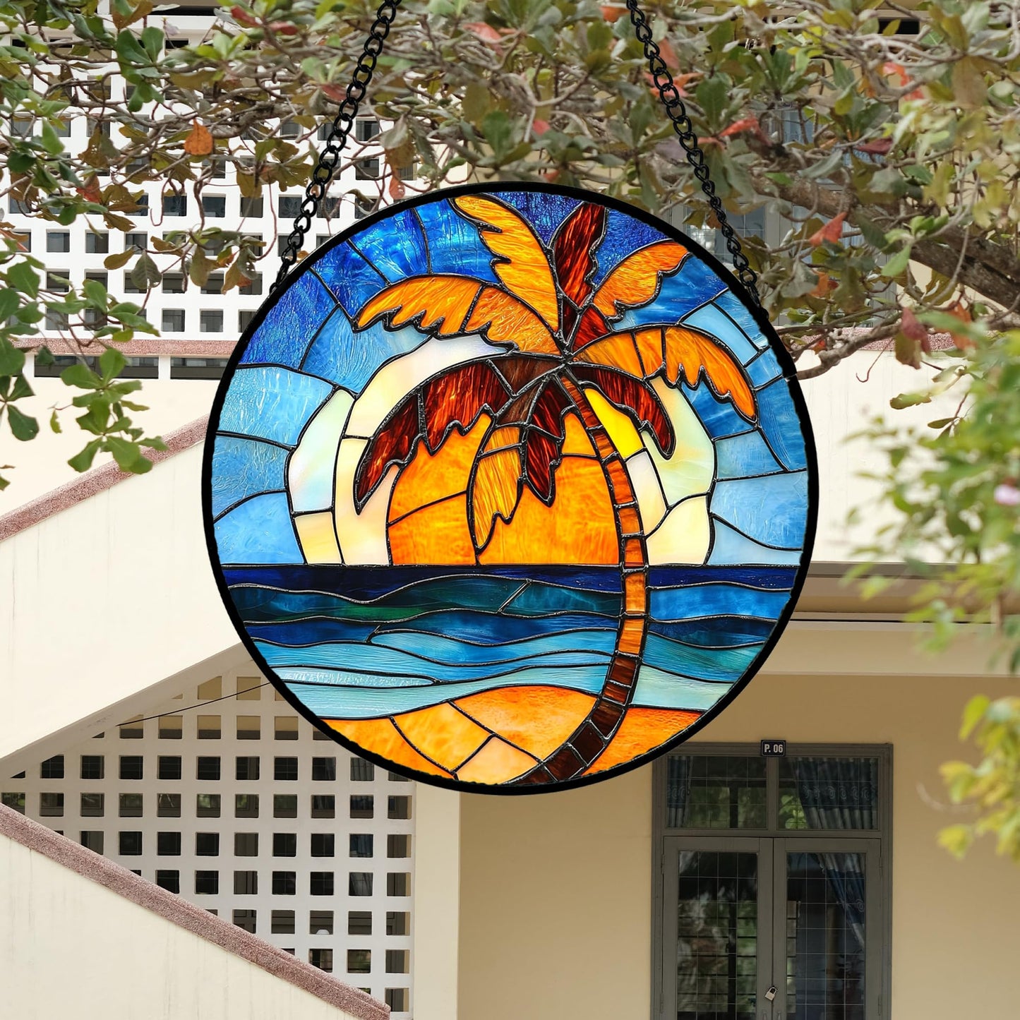 DASTOLL Stained Glass Window Hanging 4 Pcs Set Blue Orange Ocean Beach Theme 6.3" - Suncatcher Door Garden Sun Catcher Decor Birthday Christmas for Mom Woman Nana Men Wife