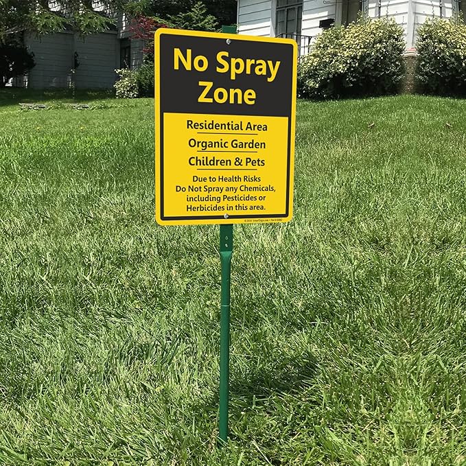SmartSign 12" x 10" 'No Spray Zone Residential Area, Organic Garden, Children And Pets' LawnBoss Yard Sign with 3 ft Stake, 40 mil Laminated Aluminum, Black/Yellow, Set of 1, USA-Made